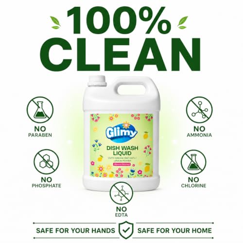 Image of GLIMY Dish Wash Liquid | 5.5 Litre Refill Pack | Glycerin Enriched | Coconut Based Surfactant | Powerful Grease Cutting | Safe on Hands | Kitchen Utensil Cleaner | Lemon Fragrance | Baby Safe