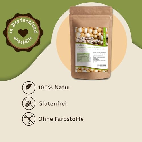 Mynatura Himbeeren, gefriergetrocknet, in weißer Schokolade I Himbeeren I umhüllt von Schokolade I Müsli I Snack I Raspberry I Süß I Beutel (1x 1000g)