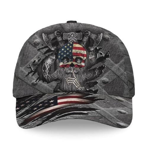 Image of Viking American Flag Skull Cap for Men, Viking Skull Us Flag Skeleton Gothic Horror, Adjustable Caps for Men Women