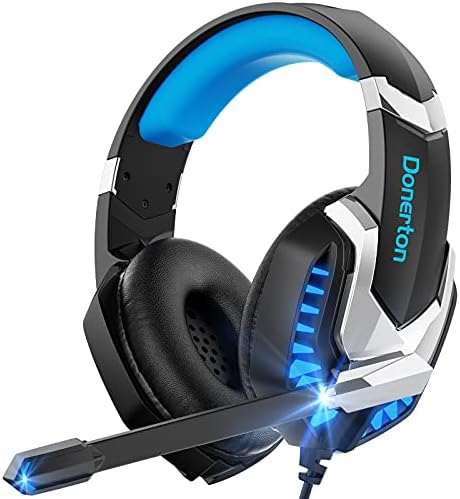 Donerton Gaming Headset, Over-Ear Gaming Headphones with Noise Canceling Mic, Stereo Bass Surround Sound, LED Light, Soft Memory Earmuffs PS4 Gaming Headset Compatible with PC, Laptop,Tablet