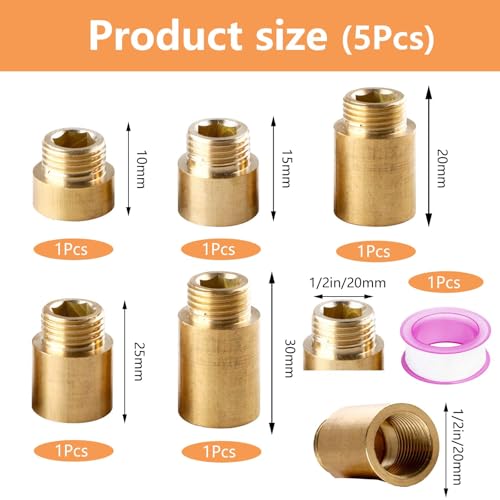 5 Stück Hahnverlängerung 1/2 Zoll, FORMVERSITY Verlängerung 1/2 Zoll x10mm/15mm/20mm/25mm/30mm Wasserhahnverlängerung aus Messing, Innensechskant Wasseranschluss Verlängerung