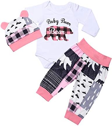 Newborn Infant Baby Girl 3PCs Christmas Set Romper Bodysuit Clothes Baby Bear Pants Hat Fall Winter Stuff Outfits 3-6M