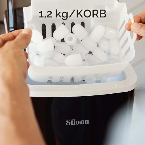 Foto von Silonn Eiswürfelmaschine, 9 Würfel in 6 Minuten fertig 12 KG in 24 Stunden, selbstreinigende kleine Eiswürfelmaschine mit Eisschaufel und Korb, 2 Größen von Bullet Eis für Küche, Büro, Bar und Party