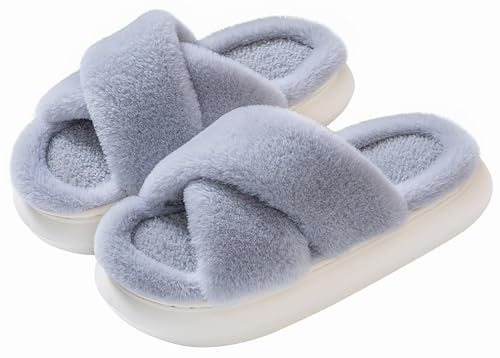 ChayChax Women Fluffy Slippers Cross Band Open Toe House Slippers Arch Support Platform Cloudies Sandals Plush Non Slip Indoor Outdoor Shoes