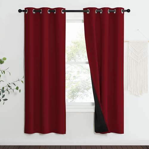 Image of NICETOWN 100% Blackout Curtains with Black Liner Backing, Thermal Insulated Curtains for Living Room, Noise Reducing Drapes for Christmas, Burgundy Red, 37 inch x 70 inch Per Panel, Set of 2