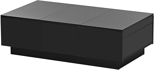 Mesa de centro moderna de alto brillo con compartimentos de almacenamiento ocultos, mesa central extensible con parte superior deslizante