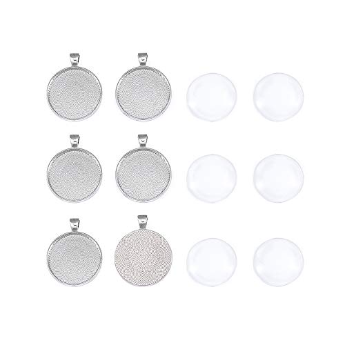 Pandahall 10Sets Antique Silver 30mm DIY Photo Pendant Makings Set with Pendant Cabochon Bezel Blank Settings & Transparent Clear Half Round/Domed Magnifying Glass Cabochon