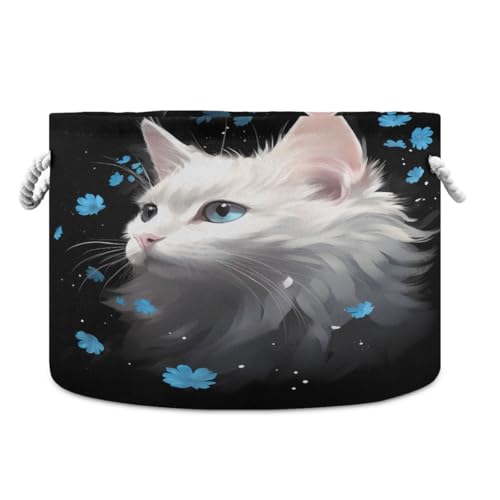 Round Storage Basket White Cat with Little Blue Flowers Open Home Storage Bin 20 * 13.9in