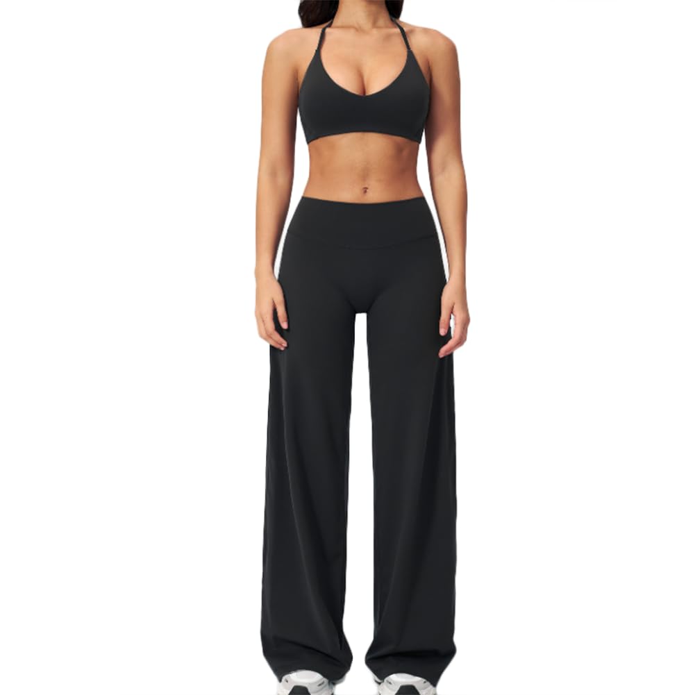 JPXJGT Women 2 Piece Yoga Set Lightweight Halter Sports Bra + High Waist Wide Leg Four-Way Stretch Yoga Pants(Size:L,Color:Black)