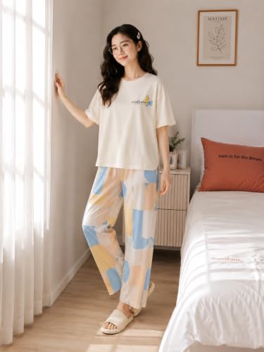 Image of Women's Korean Style Looper Fabric Nightsuit Set | Cute Print Half Sleeve T-Shirt & Pajama Set | Soft Comfortable Nightwear & Loungewear for Women