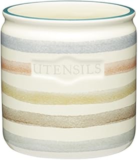KitchenCraft KCCCUTENSIL Classic Collection Striped Ceramic Kitchen Utensil Holder  Cream, 12.5 x 12.5 x 15.5 cm