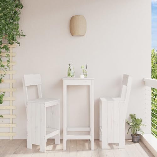 SooIarix Juego de 2 taburetes de bar, color blanco, 40 x 48,5 x 115,5 cm, madera maciza de pino, con respaldo y reposapiés, para jardín, balcón y terraza, resistente a la intemperie