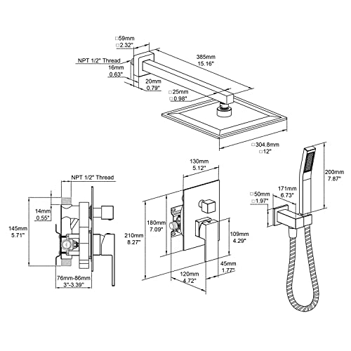 Image of Rain Shower System 12 Inches Shower Combo Set Brushed Nickel Wall Mount Faucet Bathroom Faucets with Rainfall Shower Head and Hand Shower
