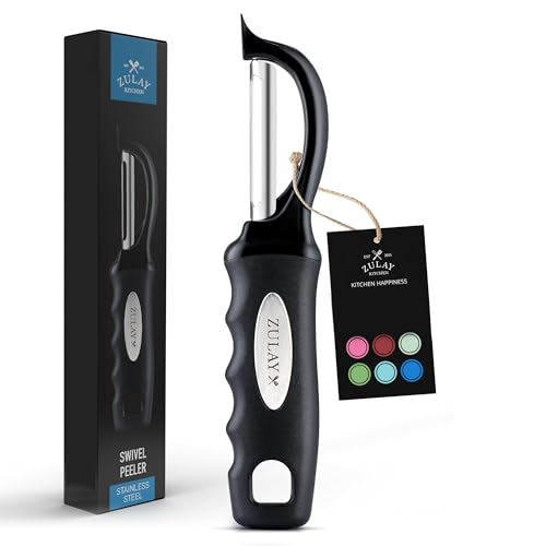 Zulay Kitchen Premium Vegetable Peeler for Kitchen - Swivel Peeler with Razor Sharp Stainless Steel Blades & Strong Ergonomic Handle - Dishwasher Safe, Easy To Use with Blemish Remover - Black
