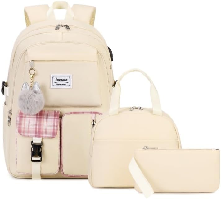 Joymoze Women Fashion Travel Backpack Set Roomy Laptop Rucksack Set Casual Daypack for Girl Ivory