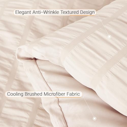 Image of MUXHOMO 7 Pieces King Comforter Set, Seersucker Bed in a Bag King Size, All Season Luxury Bedding Set with Comforter, Flat Sheet, Fitted Sheet, Pillowcases & Shams, Beige