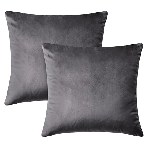 Hafaa Velvet Cushion Covers 45 x 45 Cm - Square Throw Pillowcases for Bedroom Chairs with Invisible Zipper - Decorative Pack of 2 Sofa Cushion Cover 18x18 Inch – Charcoal