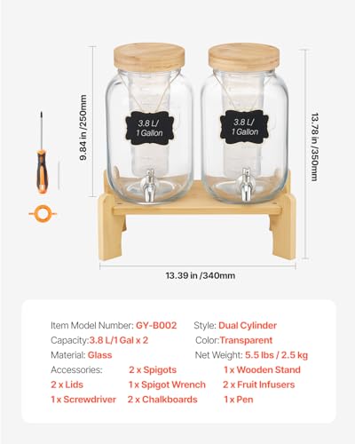 Image of VEVOR Beverage Dispenser, 2 Pack 1 Gallon Drink Dispensers for Parties, Glass Juice Dispenser with Wood Stand, Stainless Steel Spigot, Infuser, Iced Tea Lemonade Juice Water Dispensers for Parties
