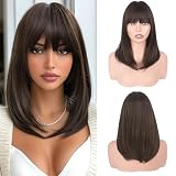 Haloo Brown Bob Wigs with Bangs Shoulder Length Straight Natural Looking Synthetic Heat Resistant Medium Hair Wigs for Women Daily Party, 16 Inch Brown with Highlights