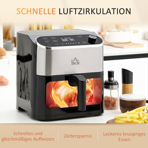 HOMCOM 4-in-1 heteluchtfriteuse, 6,5 l, 1350 W, met touchscreen-friteuse met timer en kijkvenster, heteluchtoven met antiaanbaklaag en bescherming tegen oververhitting voor olievrij frituren, zwart - Afbeelding 5