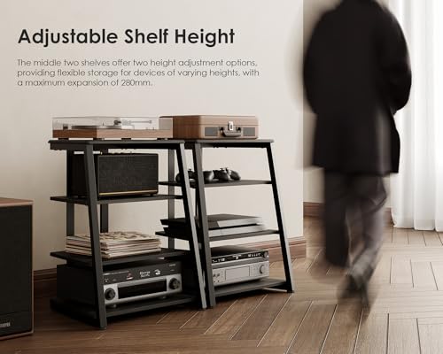 FITUEYES DESIGN HIFI Stand Record Player Stand 4-Tier Wooden Shelves for av amp/Turntable/Sky box/Xbox One/Printer Multifunctional Height Adjustable Load Capacity 50KG - Image 4