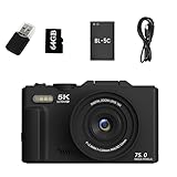Optinexo 5K Digital Compact Camera, Zoom Ottico 18X, Schermo Orientabile A 180°, 75 Milioni Di Pixel, Scheda Di Memoria Da 64 Gb Inclusa, Ideale Per I Viaggi E I Principianti (Nero)
