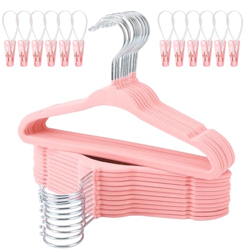 Paquete de 30 perchas de terciopelo rosa con clips para ropa de niños, antideslizantes, ahorran espacio, perchas de fieltro delgadas para ropa de bebé recién nacido