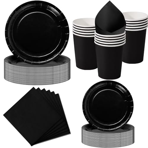 Nkaiso Set de Vaisselle Jetable 50 Pièces Noire Élégante - 10 Assiettes 23cm, 10 Assiettes 18cm, 10 Gobelets, 20 Serviettes - Pour Anniversaire, Mariage, Soirée - 10 Invités