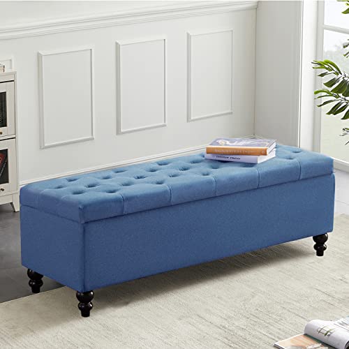 Image of Storage Ottoman 50.2 Inches Upholstered Fabric Storage Ottoman Bench,Button Tufted Ottoman with Storage for Living Room,Bedroom End of Bed Bench Withstands 302lbs (Blue)