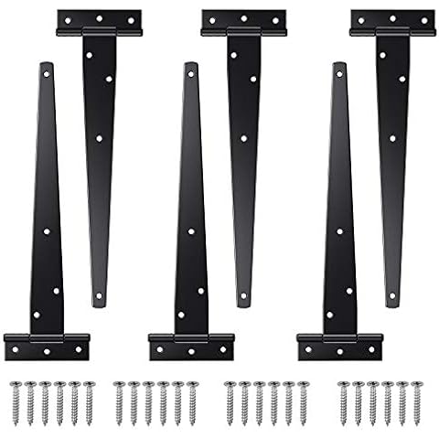 Justech 6PCs 10" Heavy-Duty T-Hinge Tee Shed Hinge Set T-Strap Hinges Black Forged Metal Iron Gate Door Barn Hardware with Screws Cover