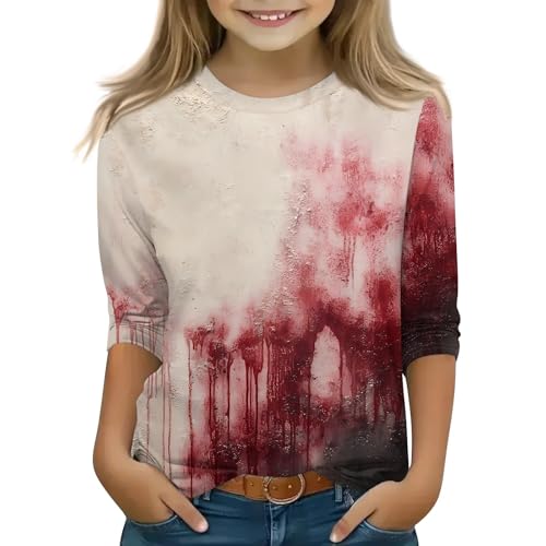 Kids Halloween 3/4 Sleeve Shirt Scary Pumpkin Face Graphic Tee Blood Splatter Design Soft Comfortable Top for Girls