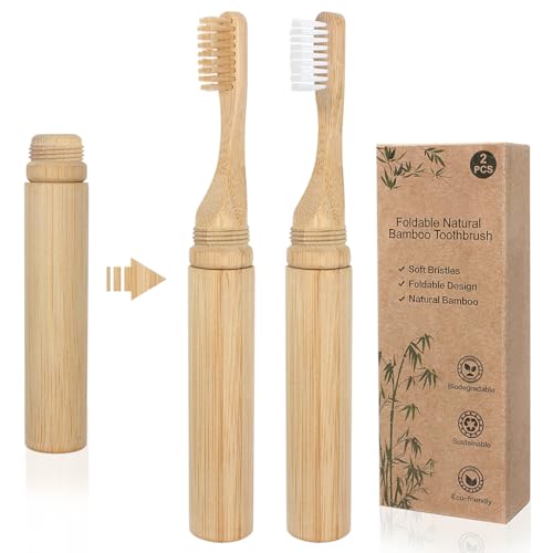 SWKJ Lot de 2 brosses à dents portables en bambou naturel bio pliable avec poils doux, respectueux de l'environnement et sans plastique pour la maison,...