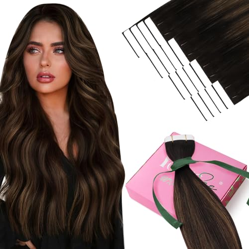 YoungSee Tape in Hair Extensions Human Hair Brown Balayage, 18 Inch