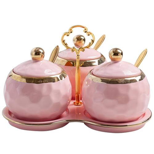 YMYL Set of 3 Porcelain Condiment Pot Sugar Bowl with Lid, Spoon and Tray, Modern Ceramic Seasoning Jars Salt Container for Home Kitchen, Restaurant, Coffee Bar (Pink)