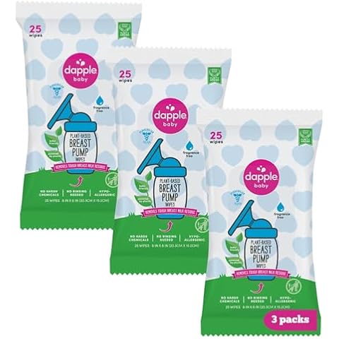Breast Pump Wipes by Dapple Baby, Hypoallergenic & Powered by Plants, Removes Milk Residue, Leaves No Taste, Convenient Wipes Pouch, Fragrance Free, 25 Count (Pack of 3) Cover