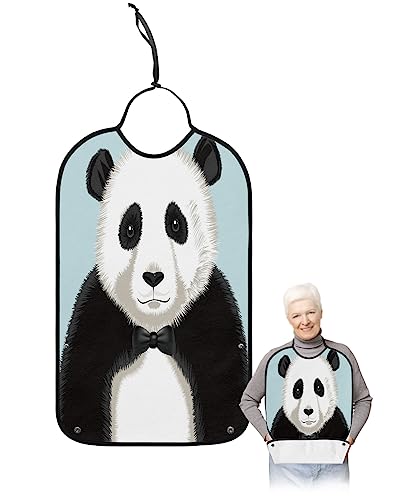 YOUNGKIDS Cute Panda Adult Bibs for Eating, Waterproof Washable Adult Bib for Elderly Women Man, Black White Reusable Clothing Protector with Detachable Crumb Catcher - Unisex