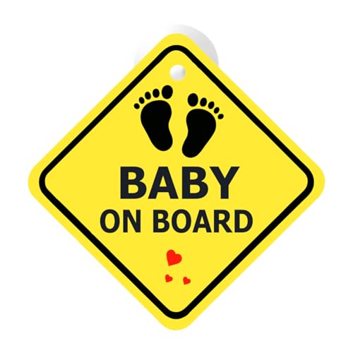 Image of Baby on Board Car Hanging Sign - Newborn Safety Sign for Rear Windshield with Suction Cup, 300 GSM Laminated Board, 20.32 cm, Yellow (Pack of 1, 20.32 x 20.32 cm),Double Side Printed