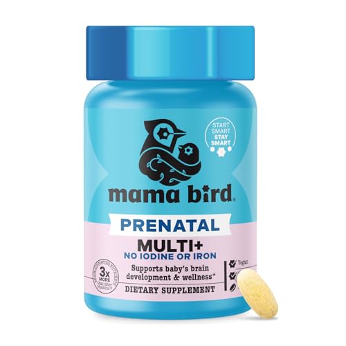 Mama Bird - Prenatal Multi+ No Iodine or Iron (30 Servings) Prenatal Vitamins for Women - 30+ Essential Nutrients, Baby Brain Health - L-Methylfolate & Probiotics - Vegan, Gluten Free, Non GMO