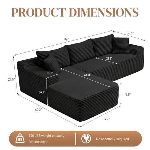 Image of 96 inch L Shaped Cloud Boneless Sectional Couches for Living Room, Modern Comfy Modular Deep Seat Memory Foam Compressed Corduroy Sofa Oversized Left Facing Chaise, No Assembly Required, Balck