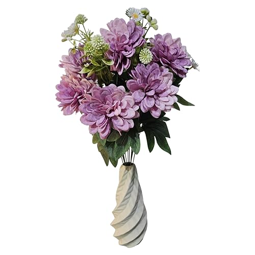 Image of Premium Combo Artificial Lavender Purple Dahlia Flower Bouquet with Designer Ceramic Vase | Snowflake Fabric Real Touch Flowers | Luxury Home Decor for Living Room Bedroom Office Table(ND-20)