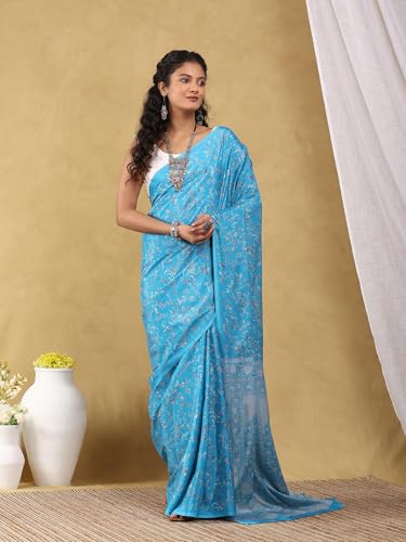 Image of Garden Vareli Floral Print Crepe Saree With Unstitched Blouse Piece