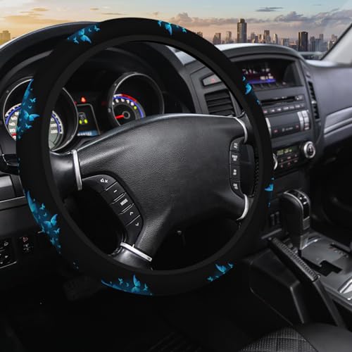 SISROW Blue Butterflies 15 Inch Steering Wheel Cover Butterfly Glitter 15 Inch Steering Wheel Cover Car Accessories Car Wheel Cover Car Steering Wheel Protective Cover, steer1001