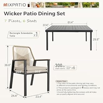 MIXPATIO 7 Pieces Outdoor Dining Set for 6, Patio Dining Set Wicker Rattan Chairs with Soft Cushion and Extendable Rectangular Table, Wicker Patio Table and Chairs for Backyard Porch