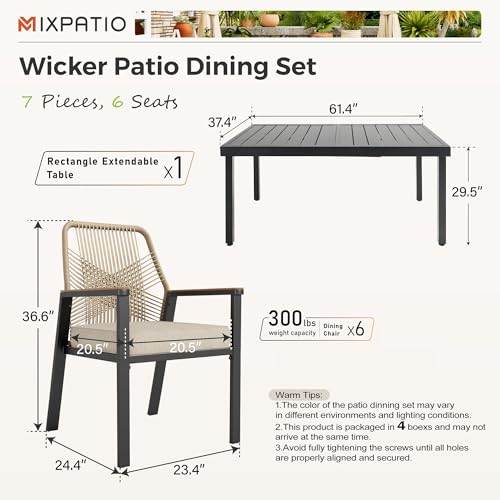 MIXPATIO 7 Pieces Outdoor Dining Set for 6, Patio Dining Set Wicker Rattan Chairs with Soft Cushion and Extendable Rectangular Table, Wicker Patio Table and Chairs for Backyard Porch