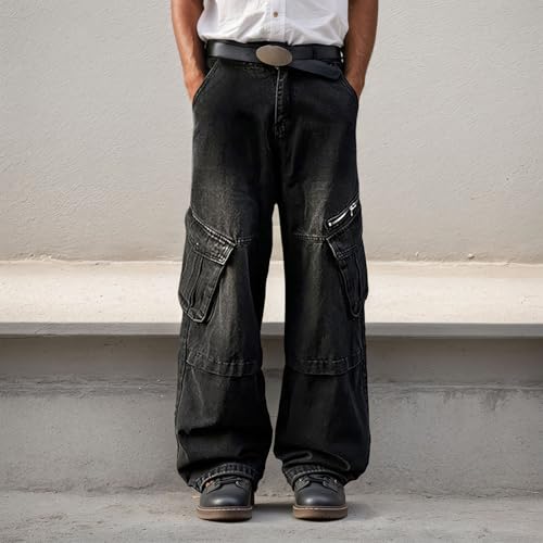 Men's Casual Loose Fit Denim Jeans Comfortable Streetwear Washed Straight Leg Hip Hop Baggy Trousers with Zipper3