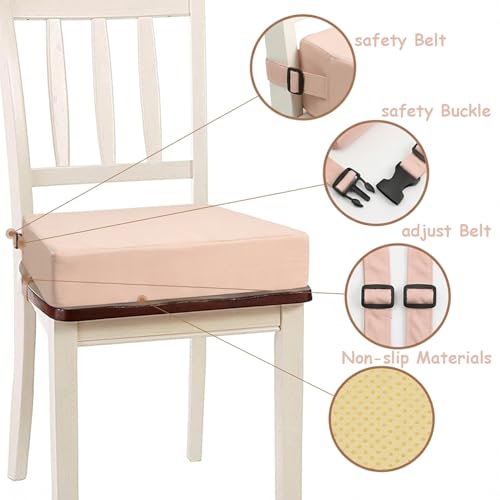Image of Toddler Booster Seat for Kitchen Chair & Dining Table - Beige | Firm Support Kids Booster Seat for Dinin with Extra-Long Adjustable Straps, Portable Washable Non-Slip , Won't Flatten Easily