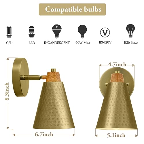 Image of Gold Wall Sconces Set of Two,Industrial Hammered Metal Wall Lights Set of 2,Unique Bathroom Light Fixture,Vintage Brass Vanity Wall Lights for Bathroom,Livingroom,Bedside,Hallway