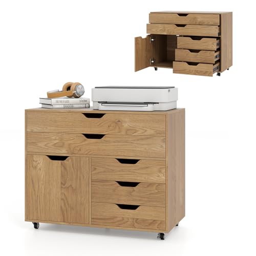 KOMFOTTEU Aktenschrank mit Rollen, Bürocontainer mit 5 Schubladen & 1 Schrank, Rollcontainer Schubladenschrank mit Tür, Bürowagen Bürocontainer 77,5 x 40 x 64 cm (Natur)