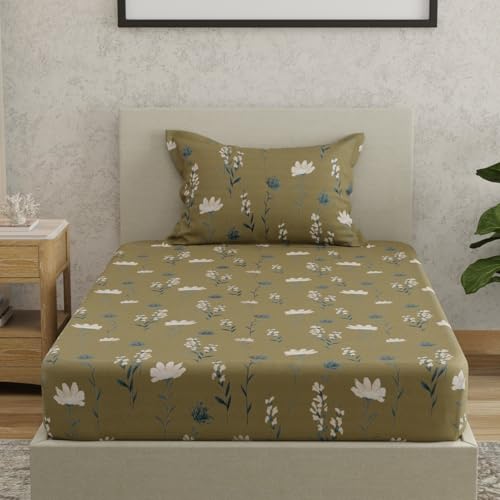 Image of HUESLAND by Ahmedabad Cotton 144 TC Bedsheet for Single Bed with 1 Pillow Cover | Olive Green, White & Grey
