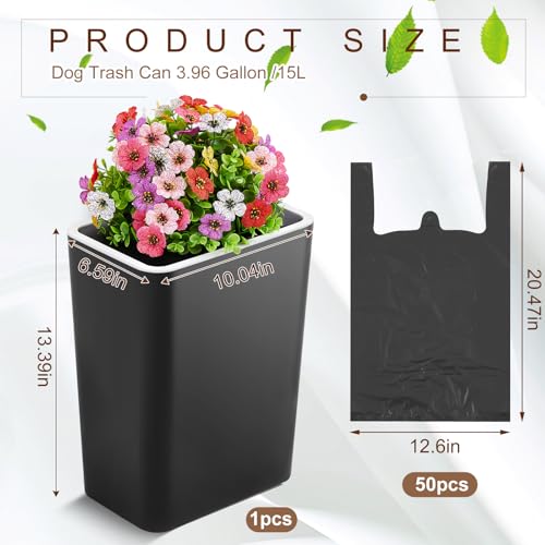 Image of Jingmore Dog Poop Trash Can Outside 3.96 Gal /15 L Plant Styled Dog Waste Trash Can with Lid 50 Waste Bags Outdoor Indoor Poop Container Slim Garbage Bin for Yard Garden Pet (Colorful Flower Black)